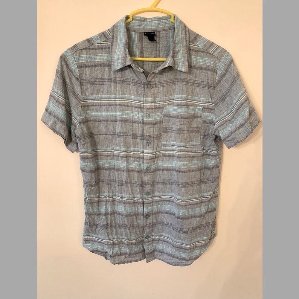 Boys Blue Striped Linen Button Down Button Up Short Sleeved Shirt EUC